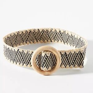 Anthropologie Whipstitch Stretch Woven Black & Cream Raffia Belt Wood Buckle